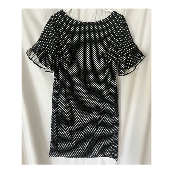 Karl Lagerfeld Paris Dresses & Skirts - Karl Lagerfeld Paris Black/White dot sheath dress Ruffle sleeve back slit, 12